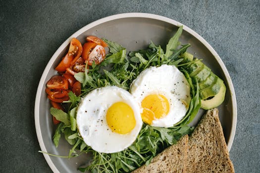 a healthy breakfast of eggs, avocado, and toast